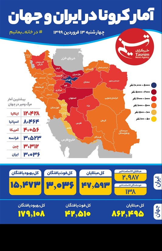 اینفوگرافیک/ آمار کرونا در ایران و جهان / چهار‌شنبه 13 فروردین 1399